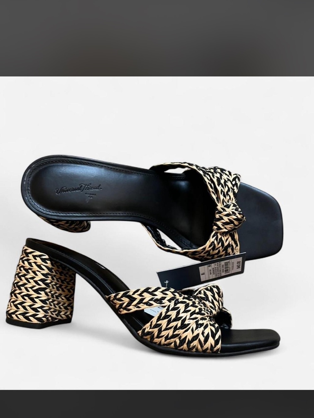 Woven Knot Block Heel Sandals - Black & Natural